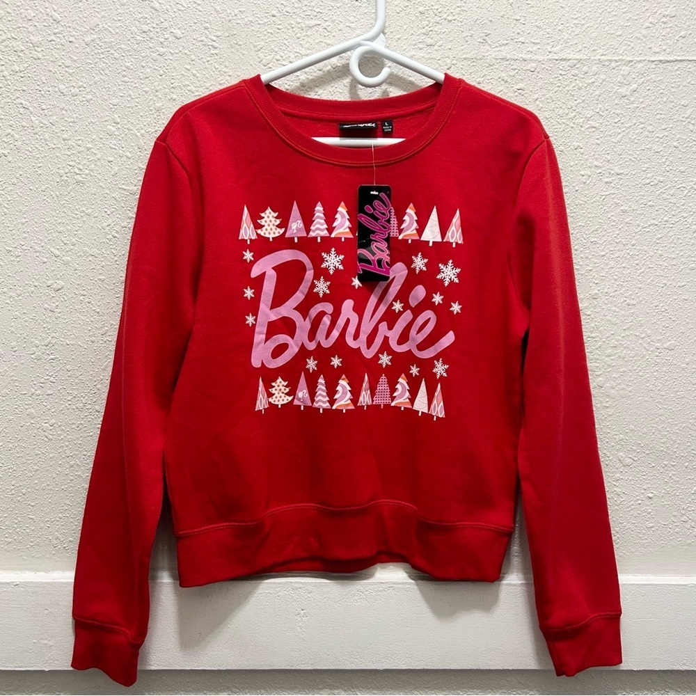 Barbie Red Christmas Winter Cropped Red & Pink Sweatshirt NWT L